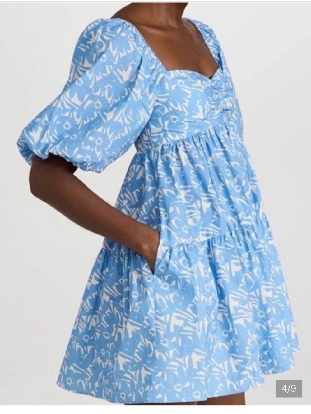 Amanda Uprichard Sky Blue & White Floral Puff-Sleeve Mini Dress